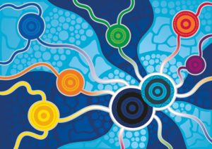 The artwork by Jordan Lovegrove, Ngarrindjeri, of Dreamtime Creative, depicts AGPAL and QIP’s partnership between companies and Aboriginal and Torres Strait Islander medical services, communities and service providers.